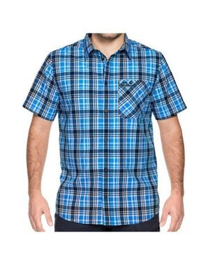 Jack Wolfskin Mens Checkered Blue Short Sleeve Casual Buttoned  shirt Medium Fit